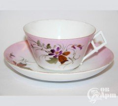 Чайная пара с флористическим узором на розовом фоне ФЗ Кузнецова